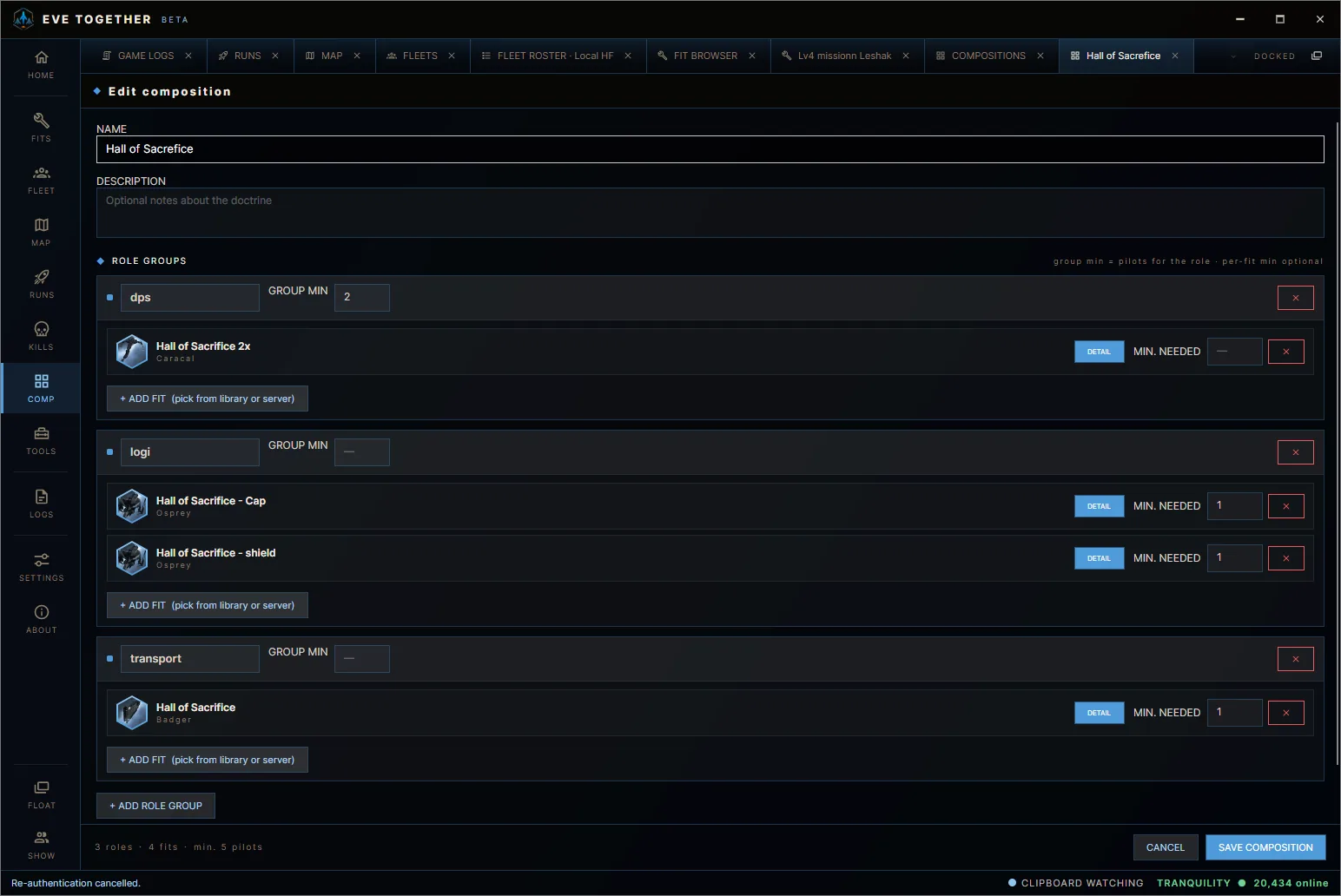 EVE Together composition editor with role groups, approved fits and minimum pilot counts