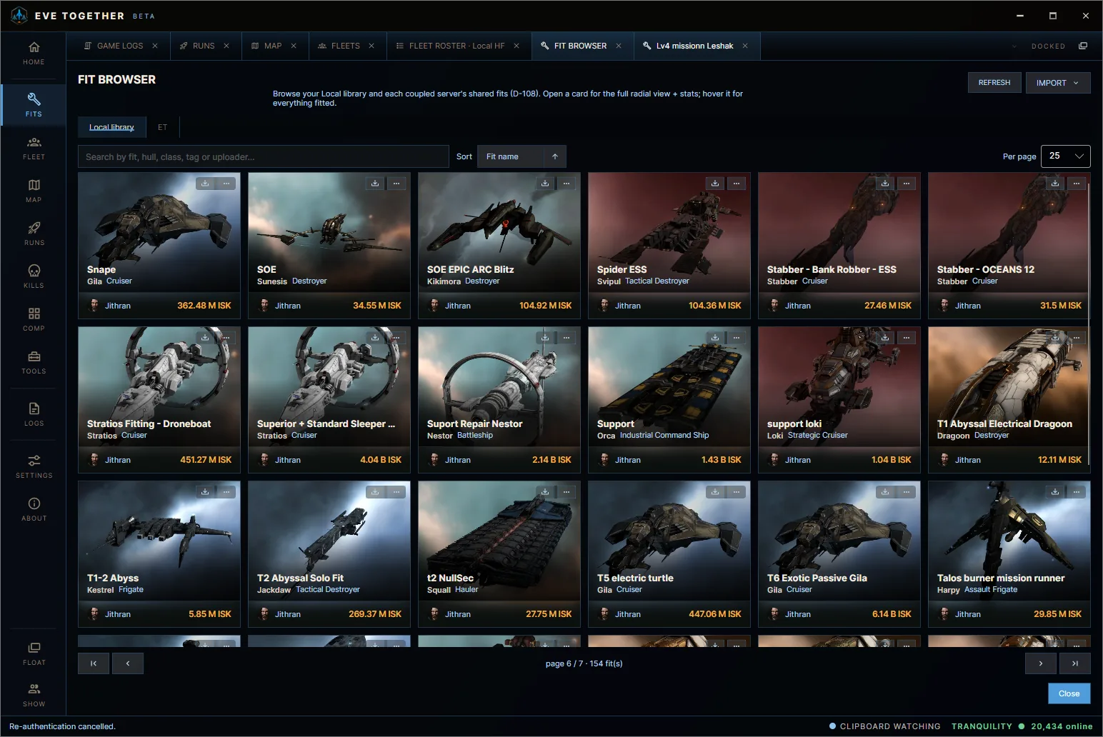 EVE Together fit browser listing saved ship fits as cards with hull, class, owner and price