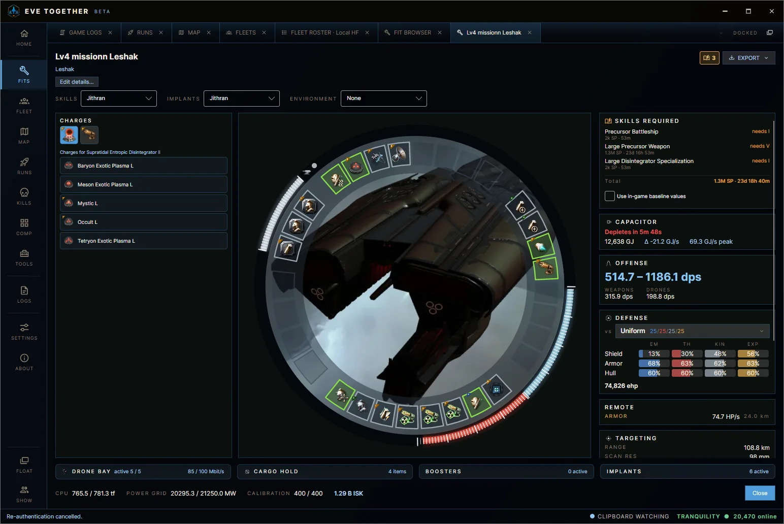 EVE Together radial fit detail with the fitting ring, charges list and capacitor, offense and defense stats