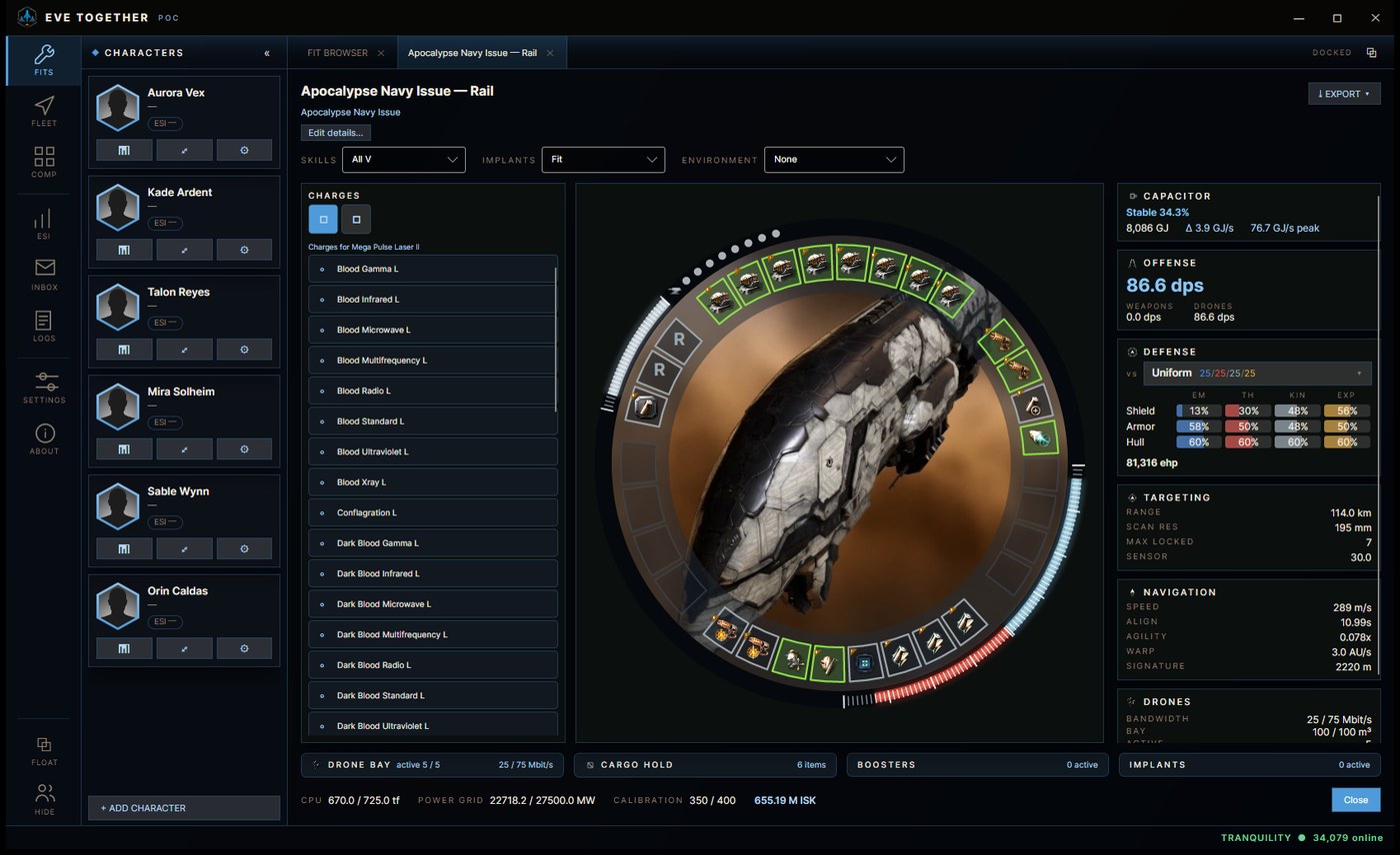 EVE Together — radial fit detail with the fitting ring, module list and stats panel