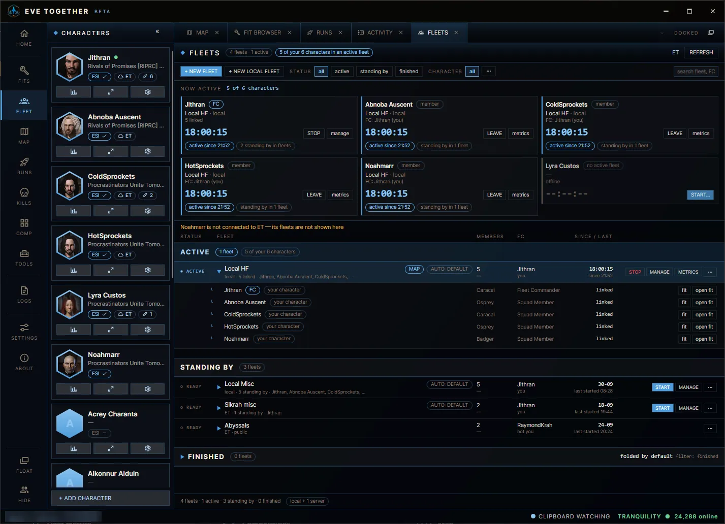 EVE Together fleets overview with your characters in an active fleet and the fleets grouped as active, standing by and finished