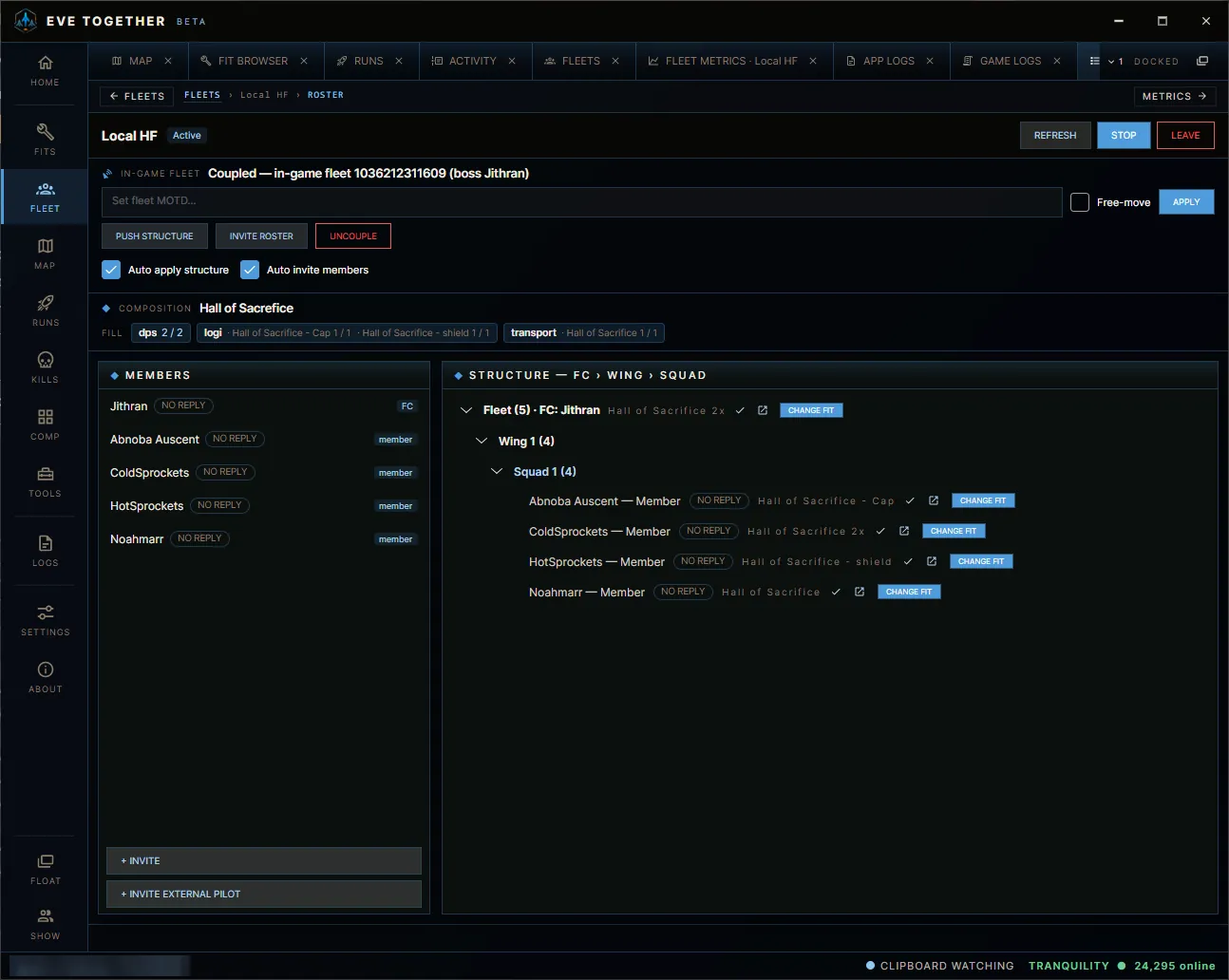 EVE Together fleet roster for a fleet coupled to the in-game fleet, with push structure, invite and uncouple buttons, the members and the wing and squad structure
