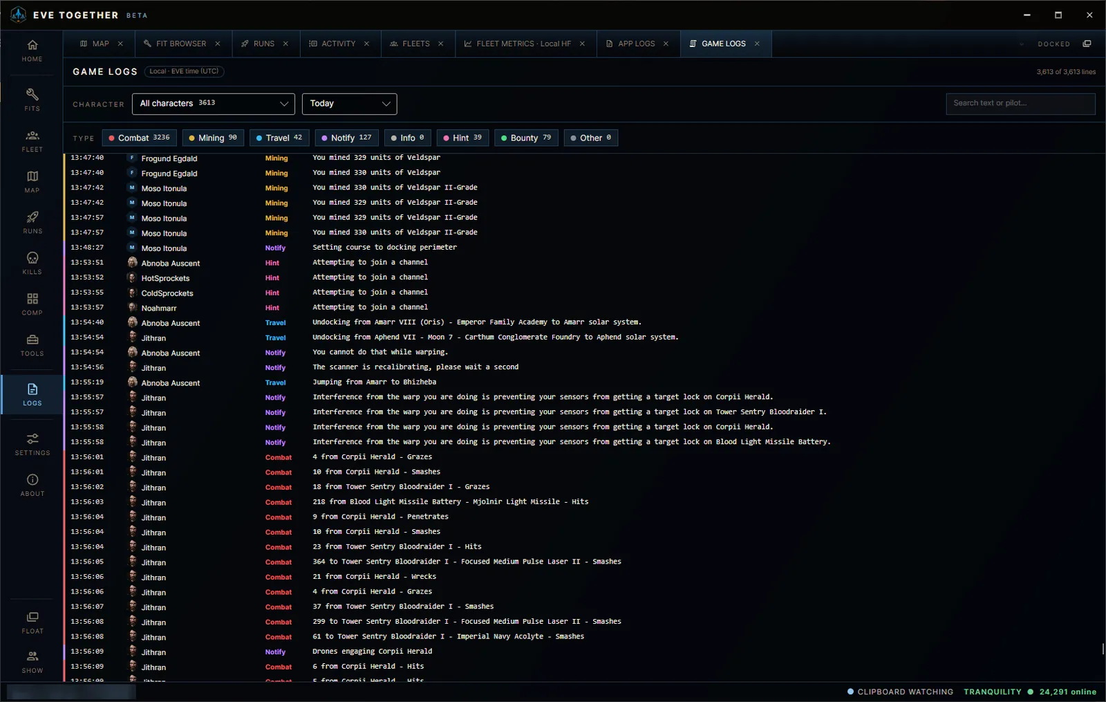 EVE Together game logs screen listing the log lines of all characters, with a character dropdown, type chips and a period picker