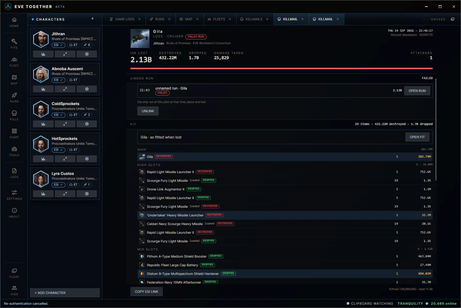 EVE Together killmail detail for a lost cruiser, linked to the failed abyssal run it was lost in, with the fit as flown and what dropped