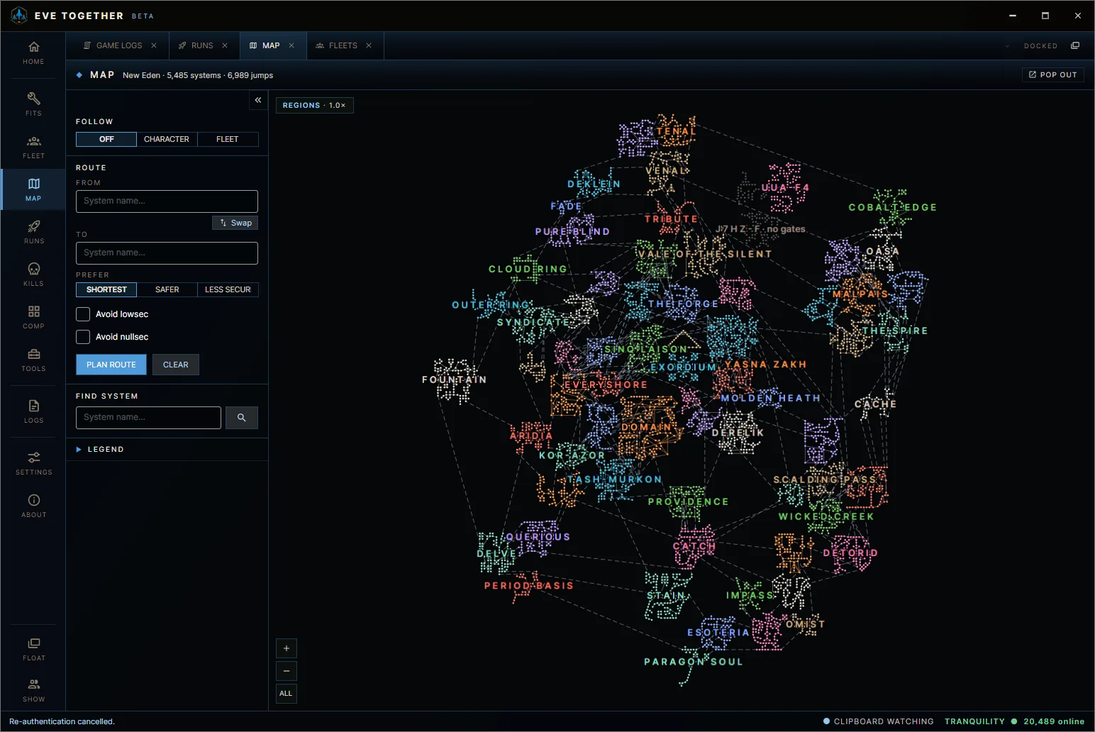 EVE Together map of New Eden with regions, a follow panel, route planner and system search