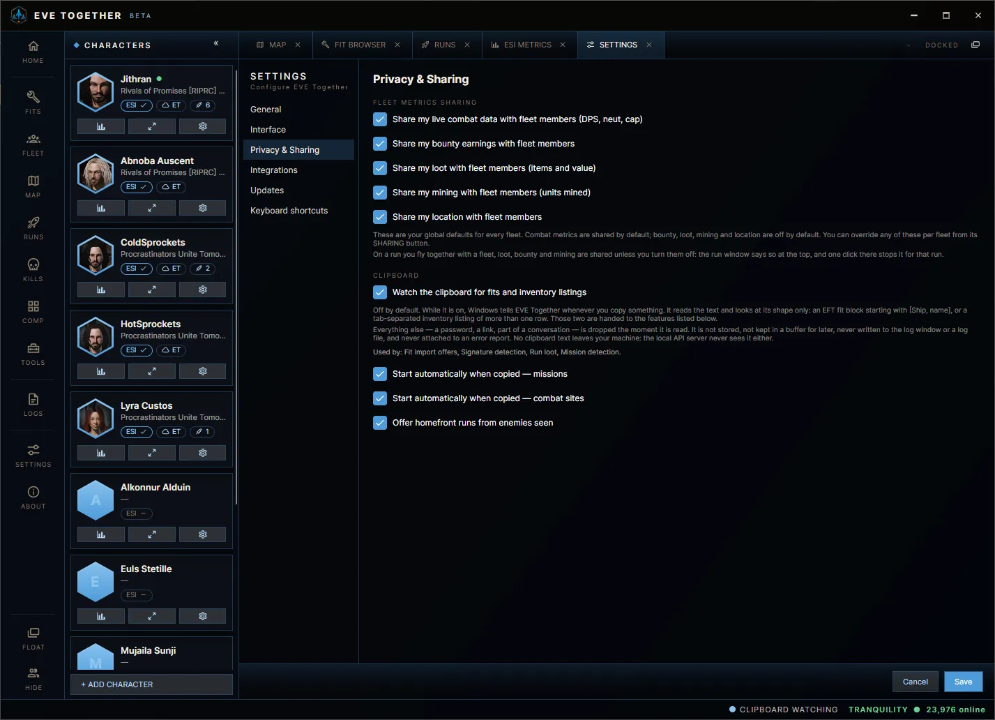 EVE Together settings on the Privacy and Sharing category, with the fleet metrics sharing and clipboard options
