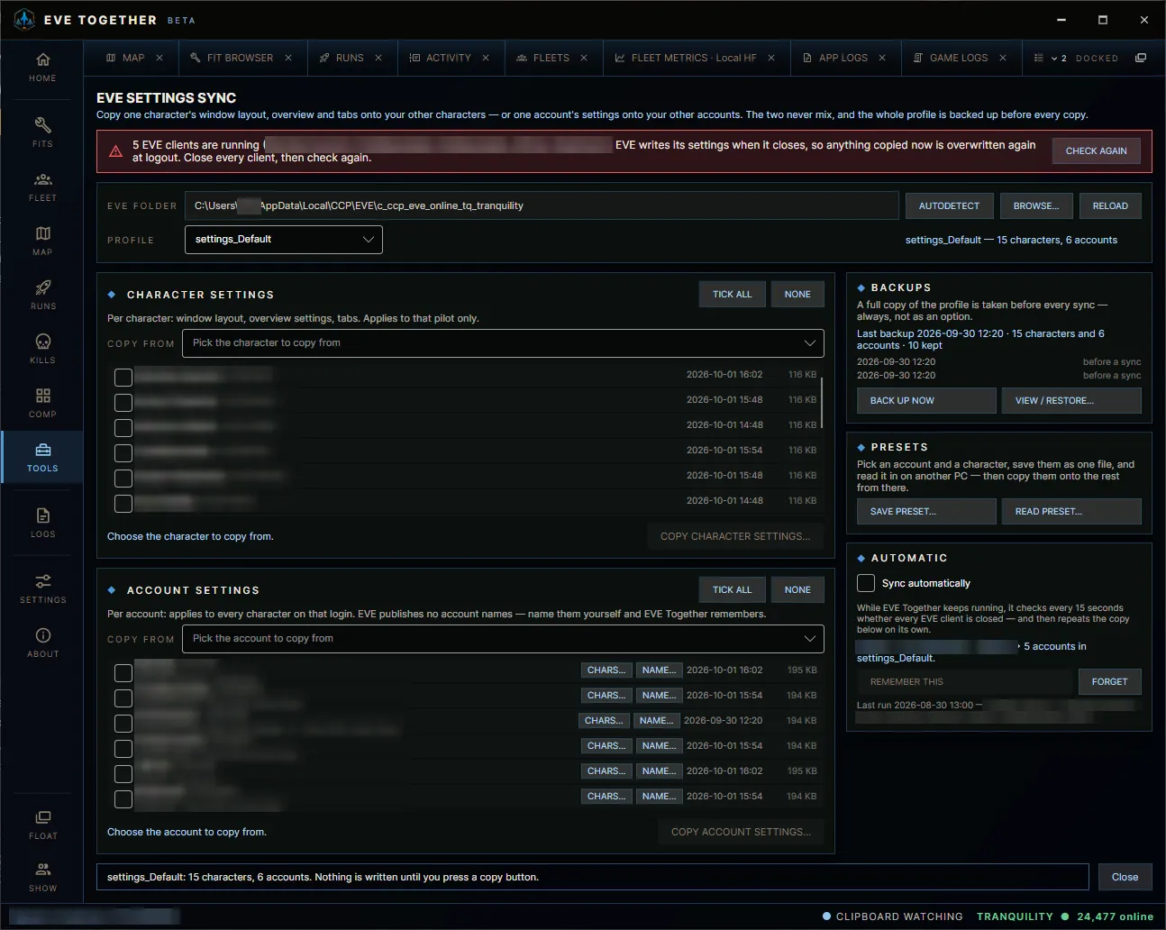 EVE Settings Sync in EVE Together, copying window layout and settings between characters and accounts, with backups and presets